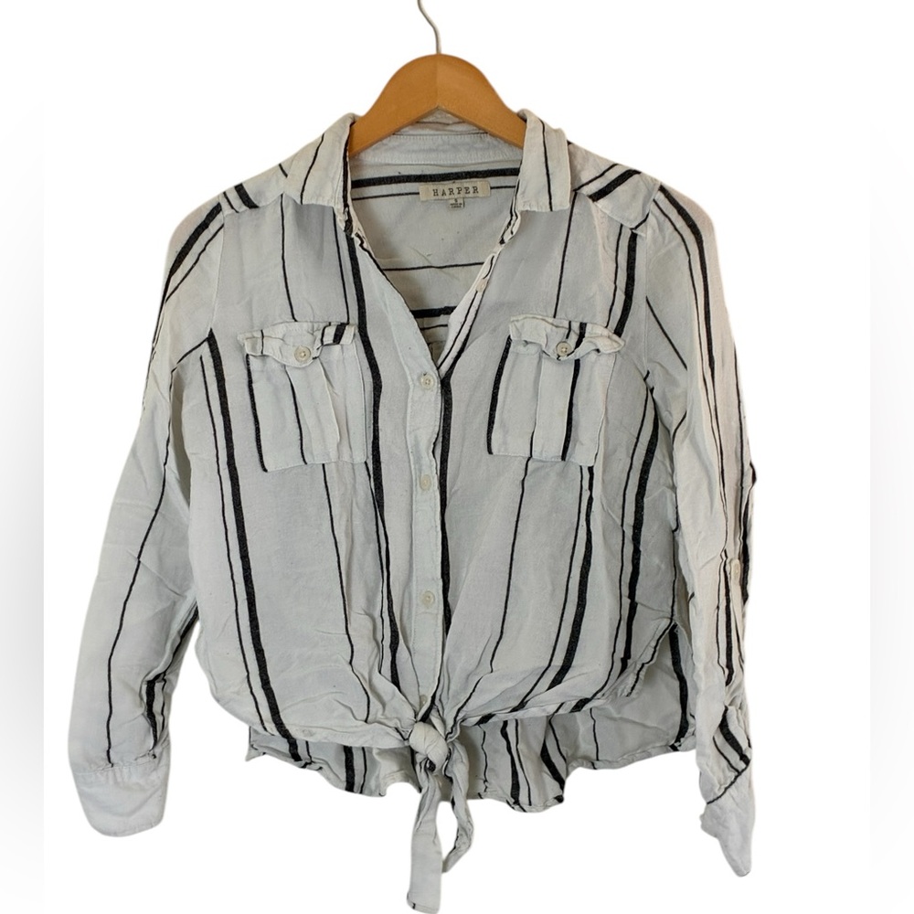 Harper | Linen blend striped button front tie long sleeve shirt